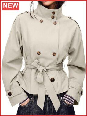 Cropped Trench Coat Double Breasted High Collar Short Jacket Women